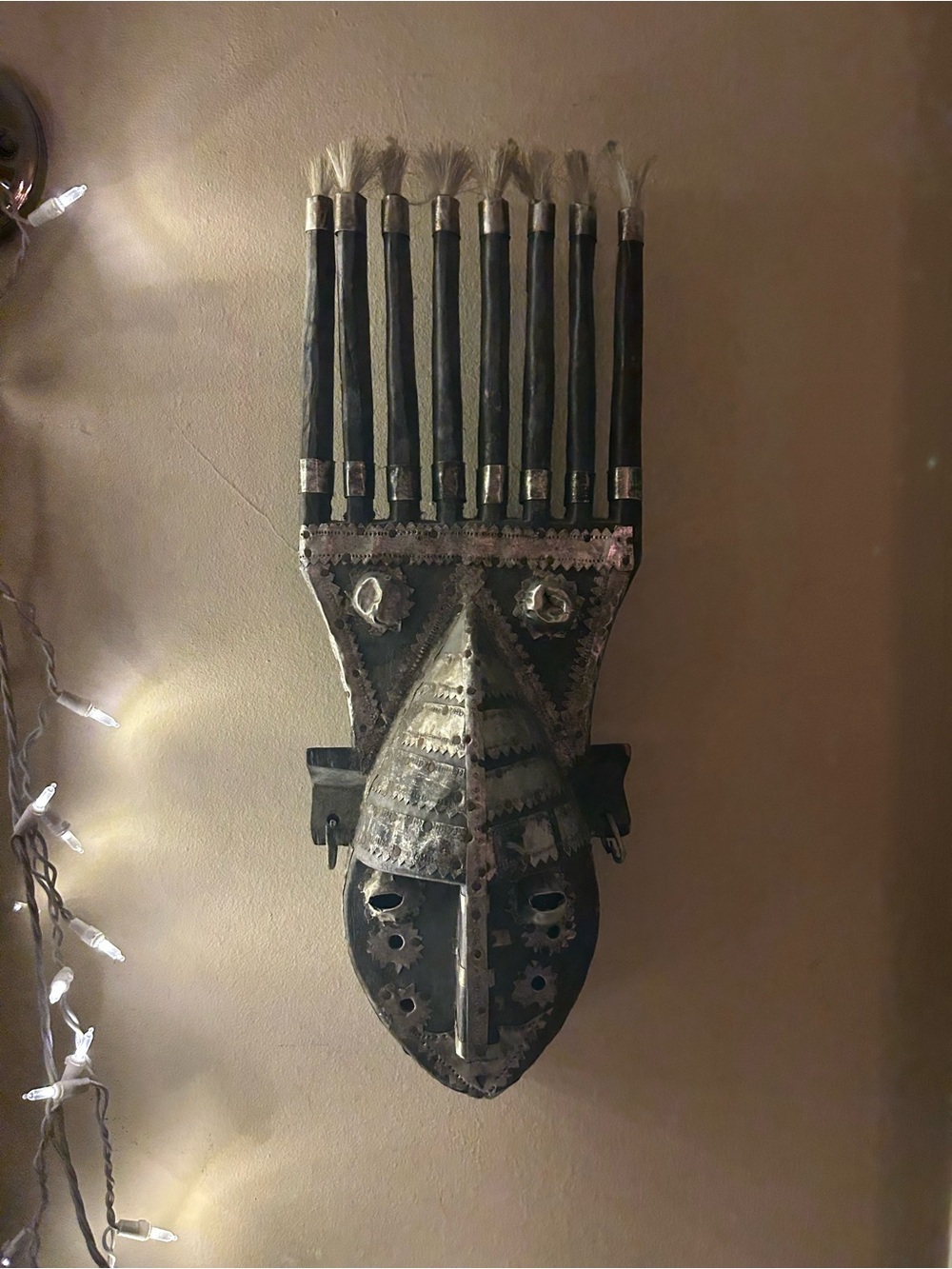 Handcrafted Black and Silver Tribal Wall Mask - Home Art
